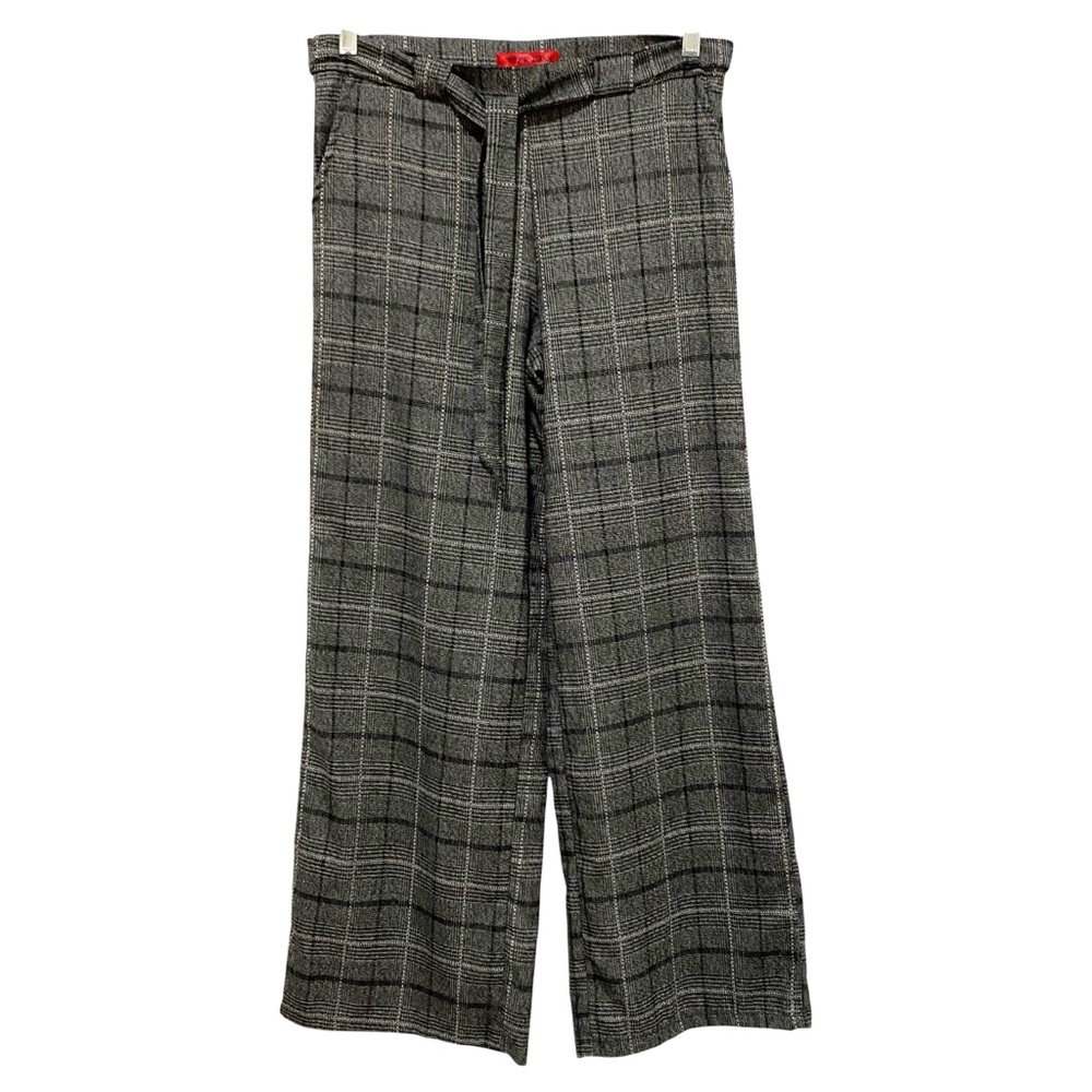HOT KISS Pants Wide Leg Trousers Black Gray Plaid Size 5 Flat Front Tie Belt - Picture 3 of 17